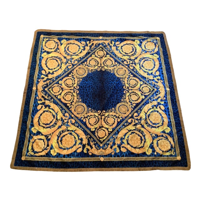 Custom Made Atelier Versace Blue Gold Baroque Velvet Throw For Sale
