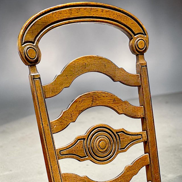 Wood Rare 1966 Thomasville Formal Ladderback Style Dining Chairs Original Yellow Patterned Upholstery For Sale - Image 7 of 16