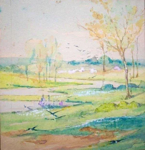 Early 20th Century "C'est Le Printemps" Naturalistic Aquarelle Watercolor Painting on Paper by Gaston Hoffmann