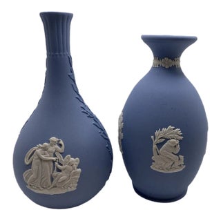Vintage Wedgewood Jasperware Blue Vases- Set of 2 Signed, Made in England For Sale