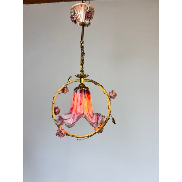 ⁠1970s Vintage Italian Pink Murano Ruffled Glass and Ceramic Rose Chandelier⁠ For Sale - Image 12 of 17