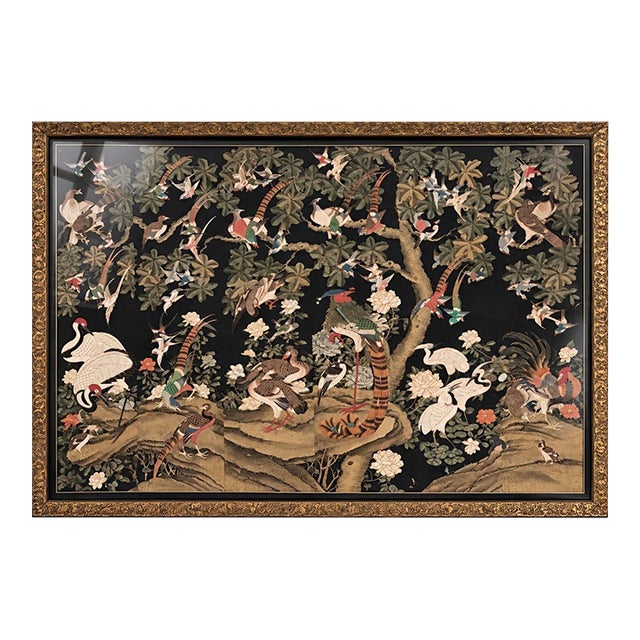 Oversized 19th C. Chinese Handpainted Hundred Birds Paying Homage to the Phoenix For Sale