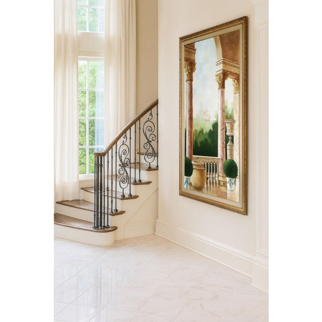 Offering a vintage hand painted trompe l'oeil painting of a Roman Italian loggia or open air gallery with marble...