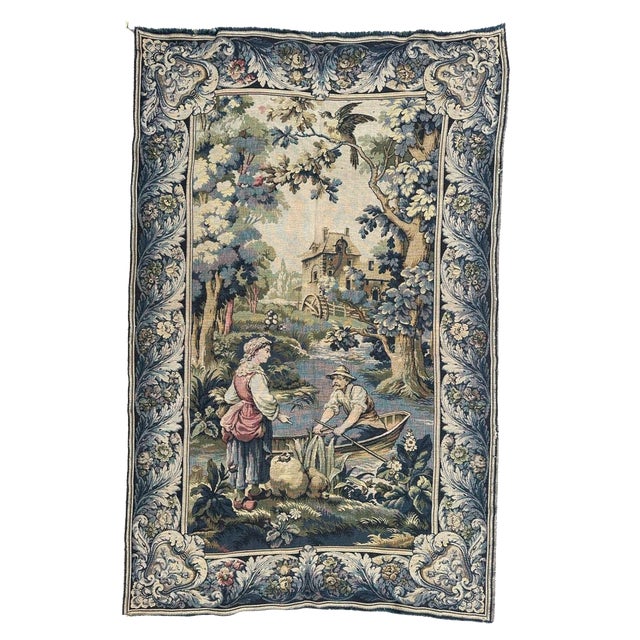 Vintage French Jacquard Tapestry Aubusson Ferryman, 1970s For Sale