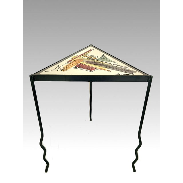 Black Memphis Movement Staropoli Triangular End Table With Abstract Colourful Ceramic Tile Top For Sale - Image 8 of 13