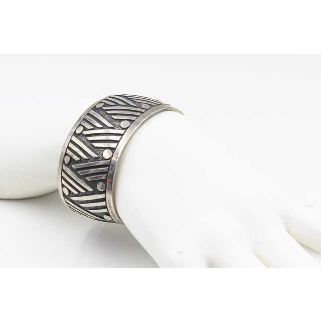 Geometric Mexican Sterling Silver Cuff Bracelet For Sale - Image 10 of 11