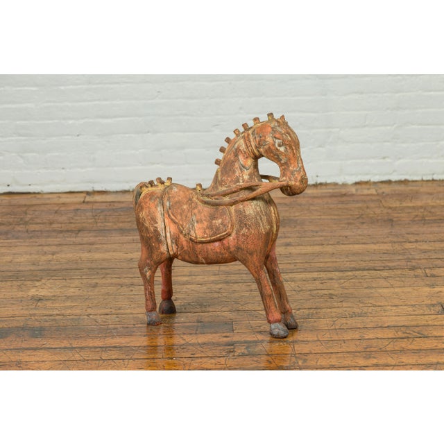 Mid 20th Century Mid 20th Century Small Vintage Indian Exterior Rust Colored and Carved Wooden Horse from Madras For Sale - Image 5 of 13