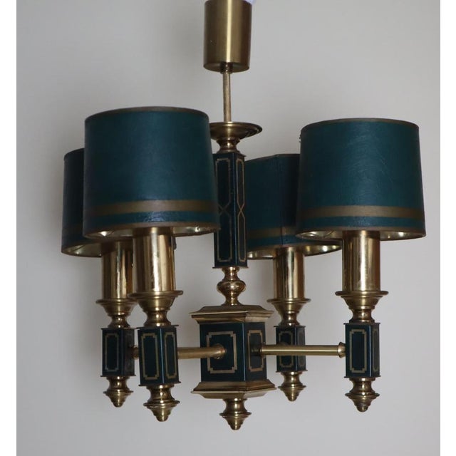 Empire Dark Green Leather and Brass Four-Arm Chandelier, France, 1960s For Sale - Image 9 of 18
