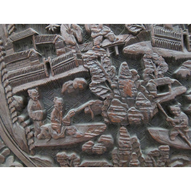 Chinese Cinnabar Lacquer Style Resin Village Scene 10" Plate Pair With Stands For Sale - Image 4 of 18