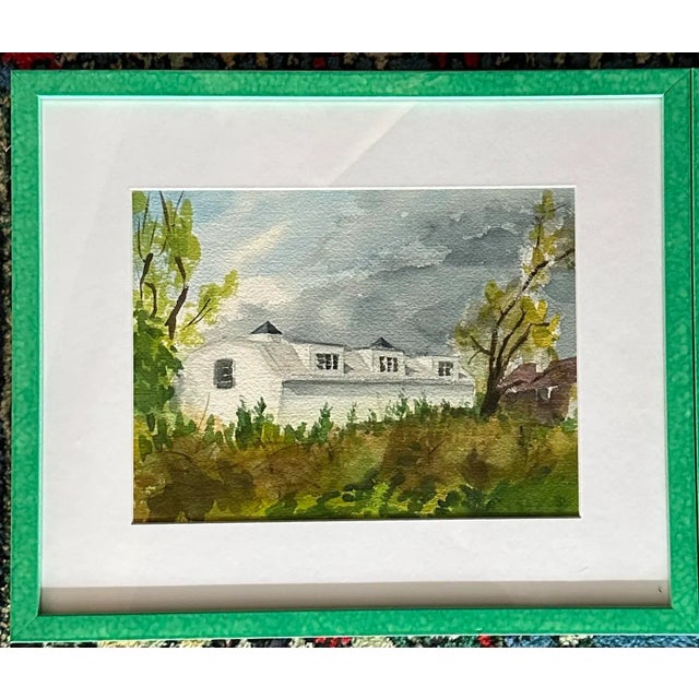 Farmhouse Late 20th Century Three Vintage Watercolors of Homes Among Trees in New Modern Green Glazed Frames For Sale - Image 3 of 10