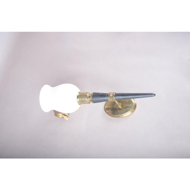 Metal Black Lacquered Horn-Form Wall Lamp with Brass Mount and Opaline Glass Shade, 1950s For Sale - Image 7 of 8