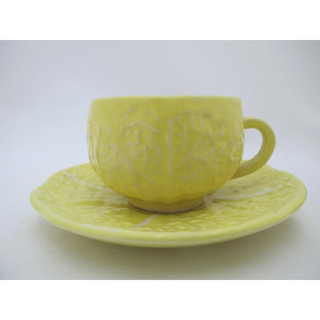 Mid 20th Century Secla Portugal Yellow MCM Majolica Cabbage Leaf Tea Cup & Saucer Set of 4 For Sale In Portland, OR - Image 6 of 10