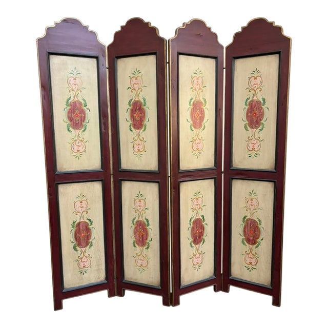 Italian Neoclassical Hand Painted Wood Four Panel Screen, 1950s For Sale
