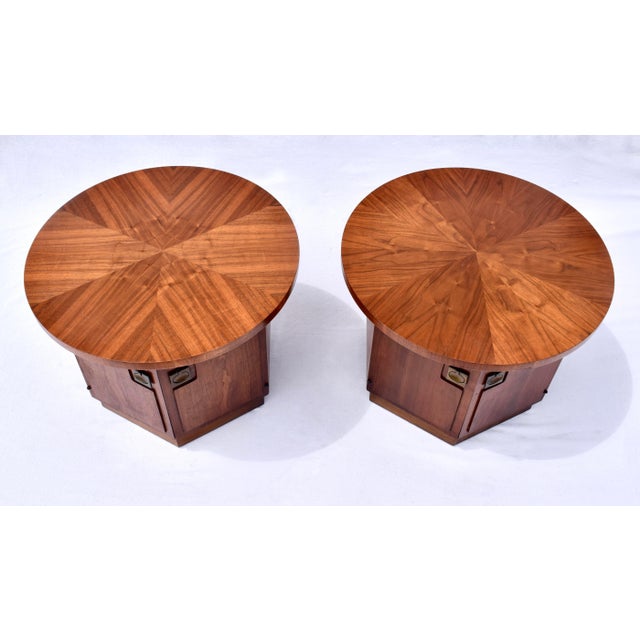 1960s Pair of Hexagon Walnut End Side Tables W/ Two Door Cabinets Storage Compartments For Sale - Image 5 of 7