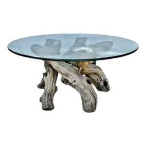 Organic Grape Vine Base Coffee Table With Round Glass Top