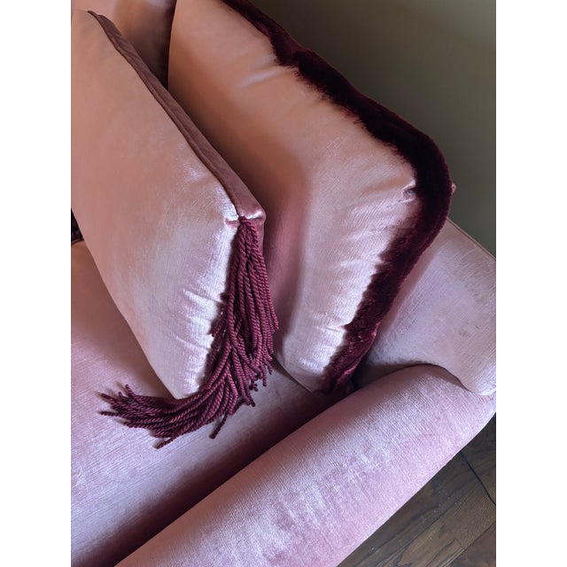 Textile Dusty Rose Velvet Sofa With Samuel & Sons Burgundy Brush & Bullion Fringe Trim For Sale - Image 7 of 10
