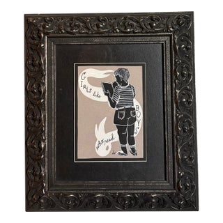 Vintage “Girls Like Boys Who Read” Painting and Illustration, Custom-Framed For Sale