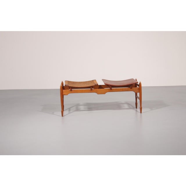 1960s Mid-Century Italian Wooden Bench with Sisal Rope and Cognac Leather Seat, 1960s For Sale - Image 5 of 14