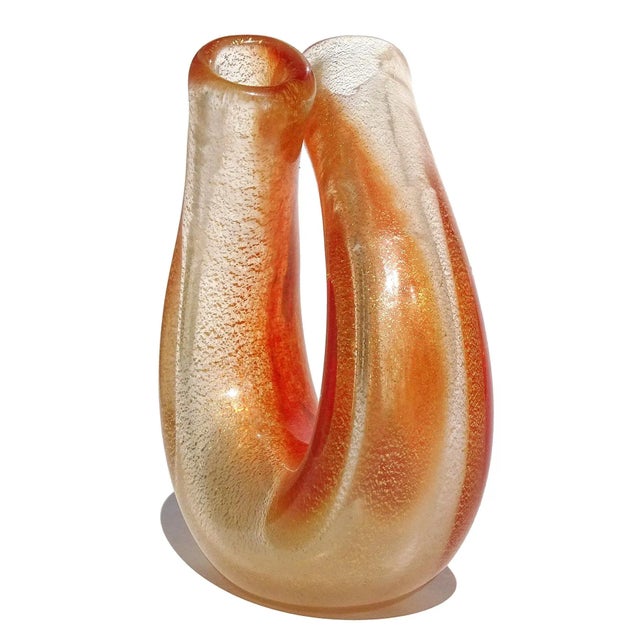 Persimmon Seguso Murano Vintage Red Orange Gold Flecks Italian Art Glass Double Mouth Tube Flower Vase For Sale - Image 8 of 13