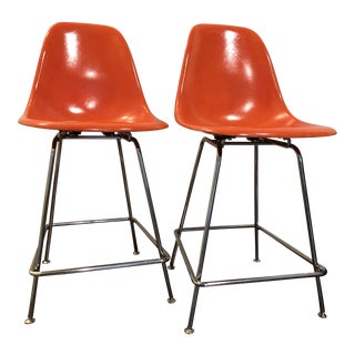 Modernica Eames Case Study Fiberglass Side Shell H-Base Counter Stools - a Pair For Sale
