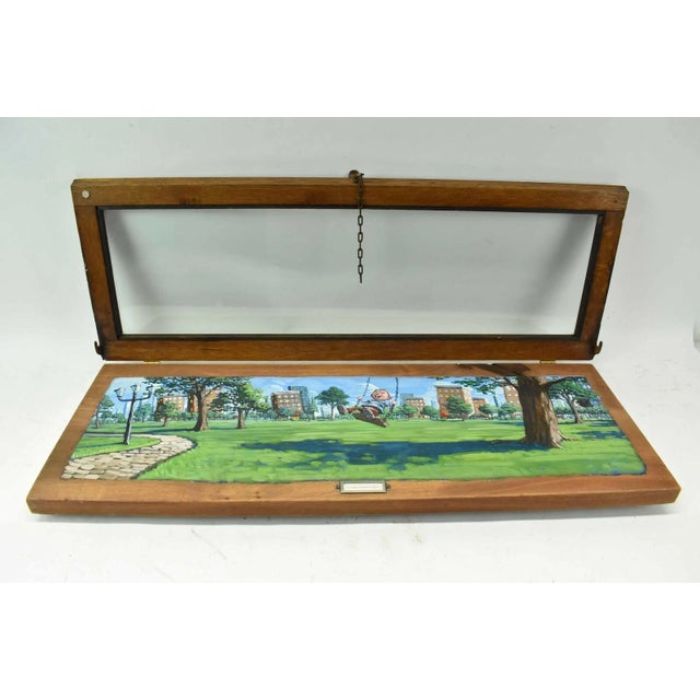Illustration Vintage Cartoon Oil Painting on Wood Boy Swinging in City Park Illustration Art For Sale - Image 3 of 9