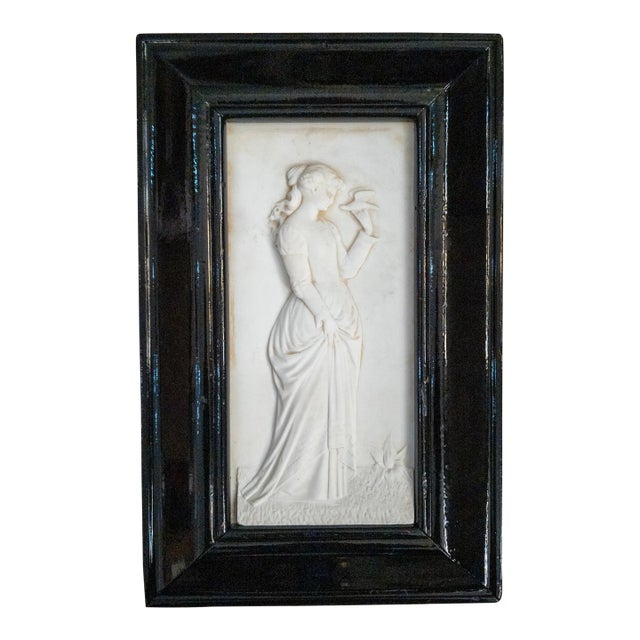 19th Century American Victorian Carved Bas Relief Marble Plaque of Lady With Dove For Sale