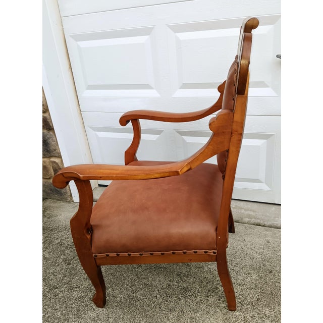 Traditional Rare Antique Victorian Carved Oak & Leather Throne Armchair With Matching Ottoman For Sale - Image 3 of 12