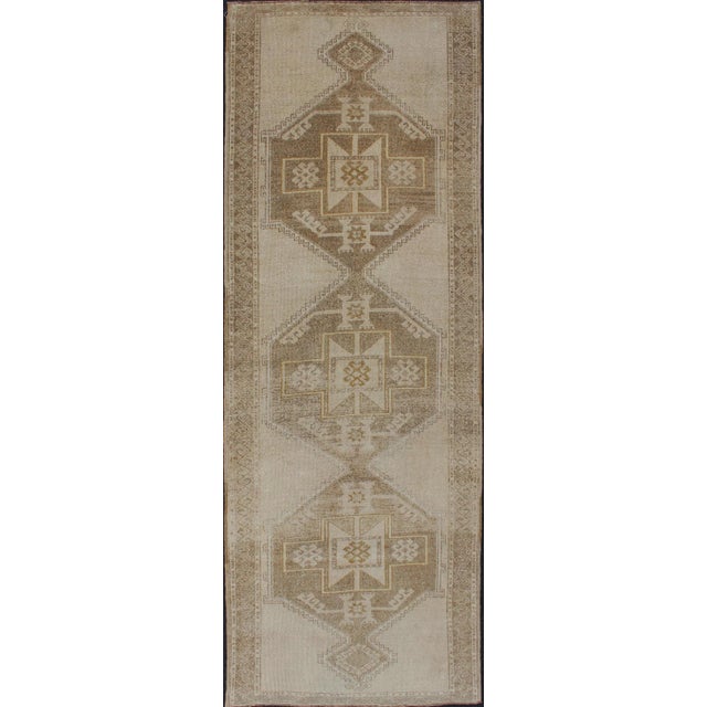 Vintage Hand Knotted Oushak Gallery Runner With Three Medallion Design in Taupe, Light Brown For Sale - Image 12 of 12