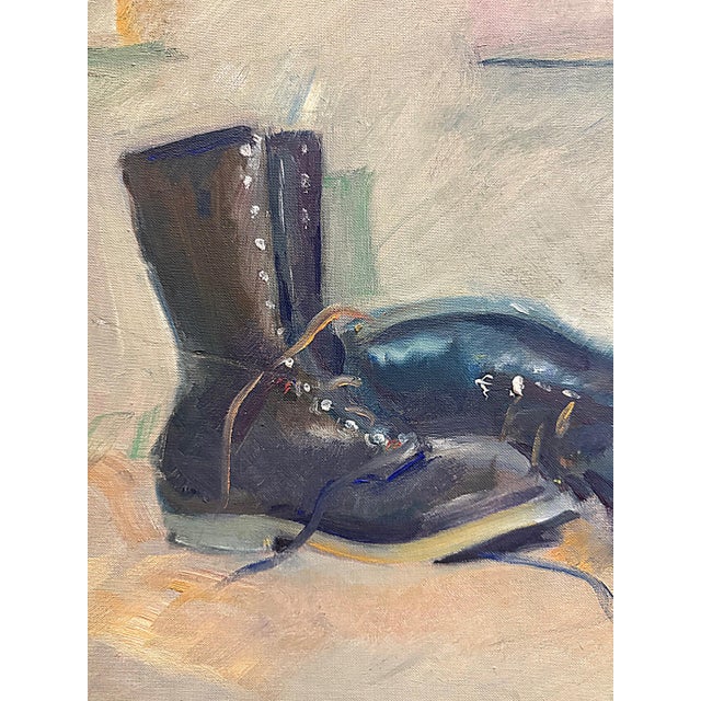 Mid-Century Modern 1963 Oil Painting on Board of a Pair of Boots Signed Unger For Sale - Image 3 of 9