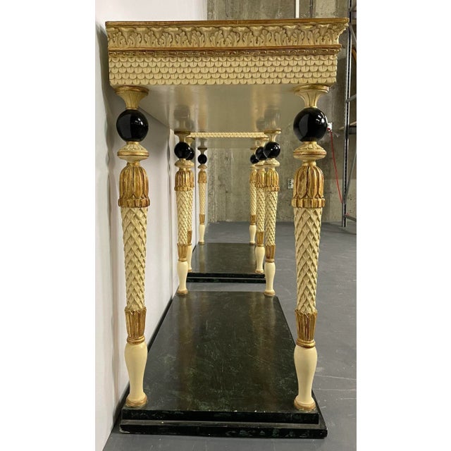 1960s Pair of Maison Jansen Console Tables, Neoclassical, Marble Top, Paint Decorated For Sale - Image 5 of 13