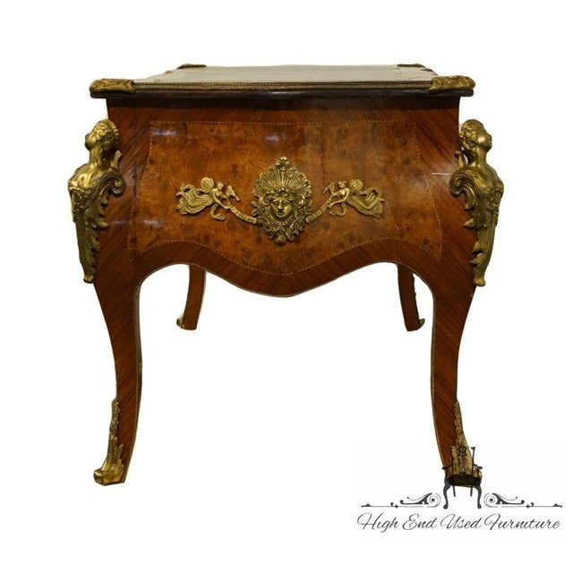 Late 20th Century Vintage French Provincial Louis XV Burled Walnut & Kingwood Bureau Plat / Executive Desk W. Tooled Leather Top & Gilt Figural Mounts For Sale - Image 5 of 11
