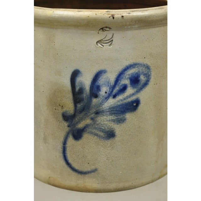 Antique Stoneware Two Gallon Crock With Cobalt Blue Slip Trailed Floral Design For Sale - Image 4 of 10