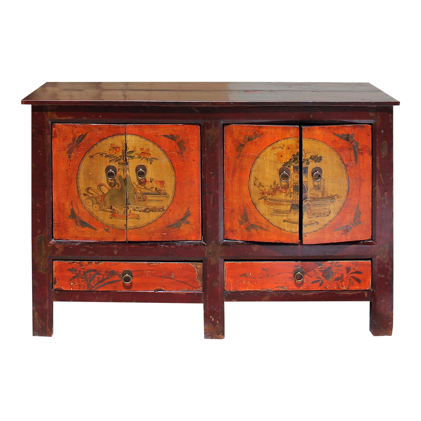 Chinese Vintage Brown Orange Flower Graphic Tv Console Cabinet Chairish