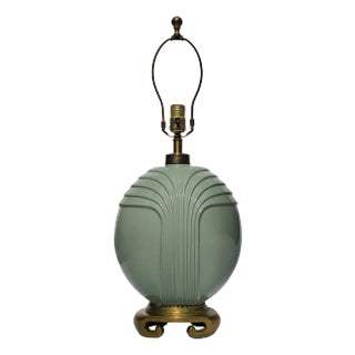 Late 20th Century Art Deco Mint Ceramic Chinoiserie Style Table Lamp With Scroll Base For Sale
