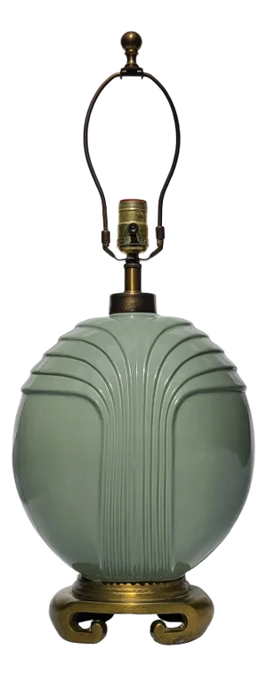 Late 20th Century Art Deco Mint Ceramic Chinoiserie Style Table Lamp With Scroll Base
