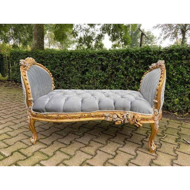 Late 20th Century Late20C French Louis XVI Gold Gray Velvet Settee-1Pc For Sale - Image 5 of 13