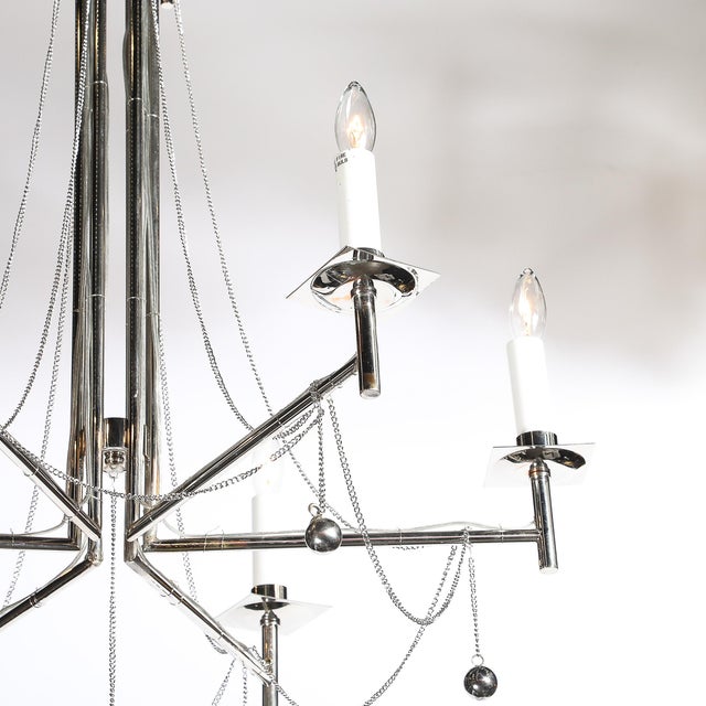 Modern Modernist Polished Nickel Six Arm Chandelier W/ Chain & Spherical Detailing For Sale - Image 3 of 14