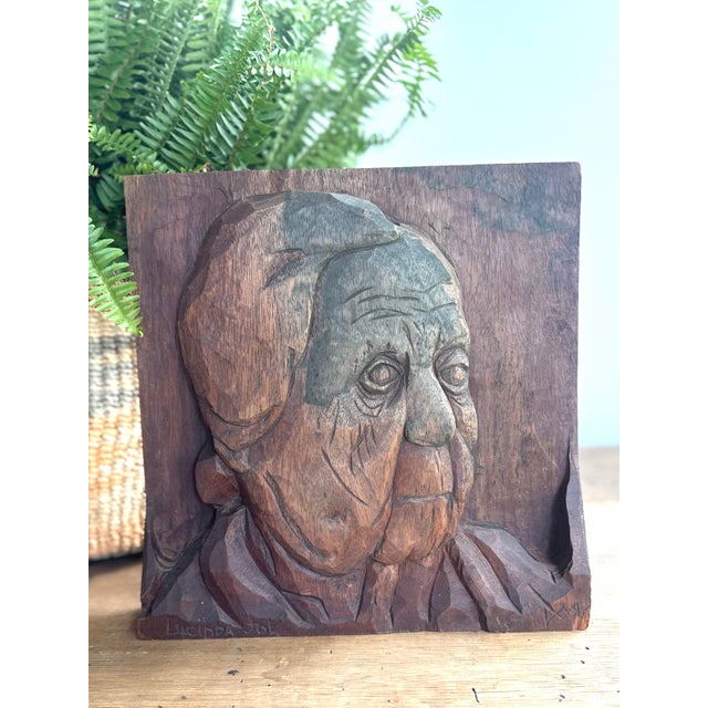 Vintage Hand-Carved Wood Relief Portrait Sculpture – Signed Folk Art Wall Hanging For Sale - Image 11 of 11