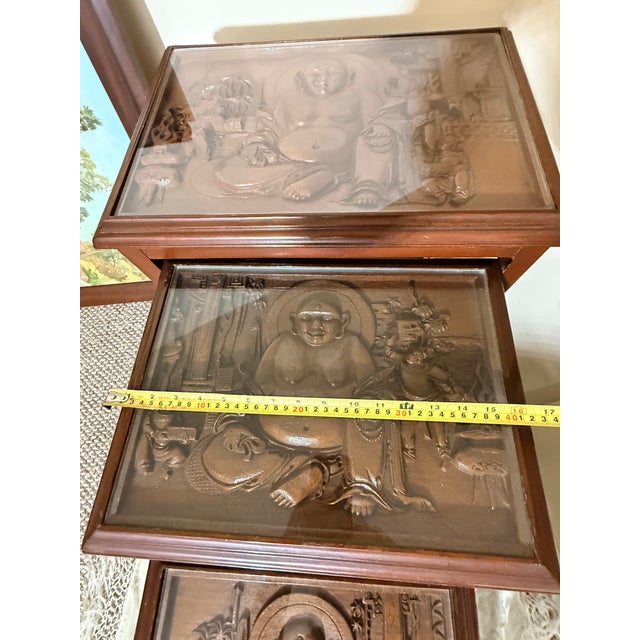 Wood 1950s George Zee & Co. Carved Wood Nesting Tables Set With Glass Tops Buddha For Sale - Image 7 of 12