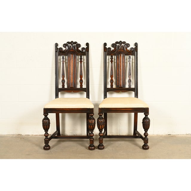 Berkey & Gay Antique English Jacobean Carved Walnut Side Chairs or Dining Chairs, Pair For Sale - Image 14 of 14