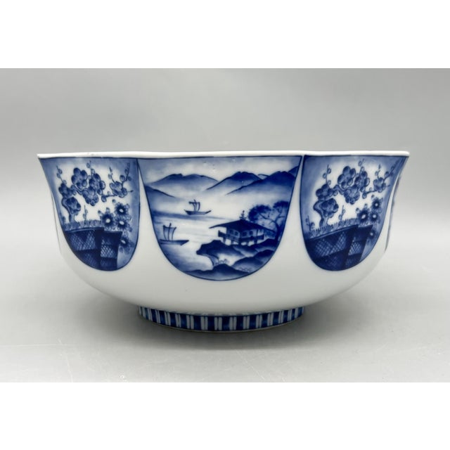 Gumps Large Vintage Blue & White Japanese Porcelain Geometric Bowl - Chinoiserie, Traditional, Asian, Grandmillennial For Sale - Image 4 of 14