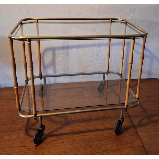 Faux Bamboo Serving Bar Cart attributed to Maison Jansen, France, 1960s For Sale - Image 6 of 10