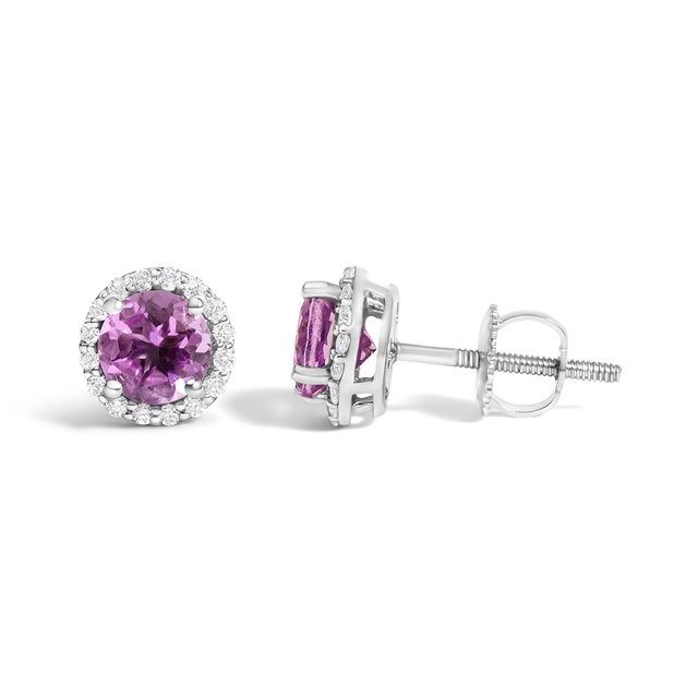 Contemporary 10K White Gold Purple Amethyst and 1/6 Cttw Diamond Halo Stud Earring For Sale - Image 3 of 5