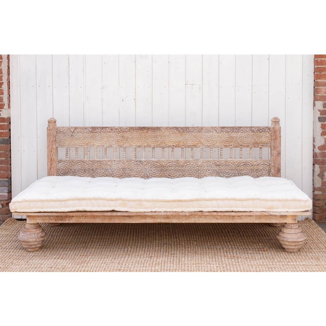 Indian Carved Floral Whitewash Reclaimed Wood Daybed For Sale - Image 3 of 11