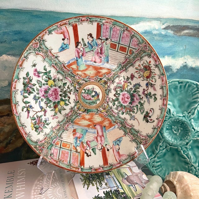 Antique porcelain dish in brightly colored rose medallion design with alternating panels of traditional Chinoiserie...