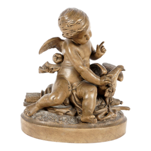 French Terracotta Figural Group of Cherub With Dove