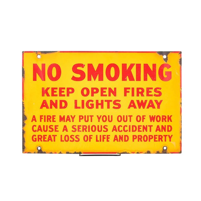 Antique Yellow Porcelain "No Smoking" Sign For Sale
