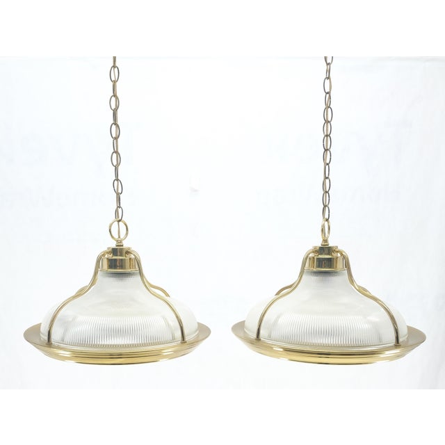 Pair of Round Brass Ribbed Glass Long Chain Light Fixture Pendants MCM For Sale - Image 6 of 12