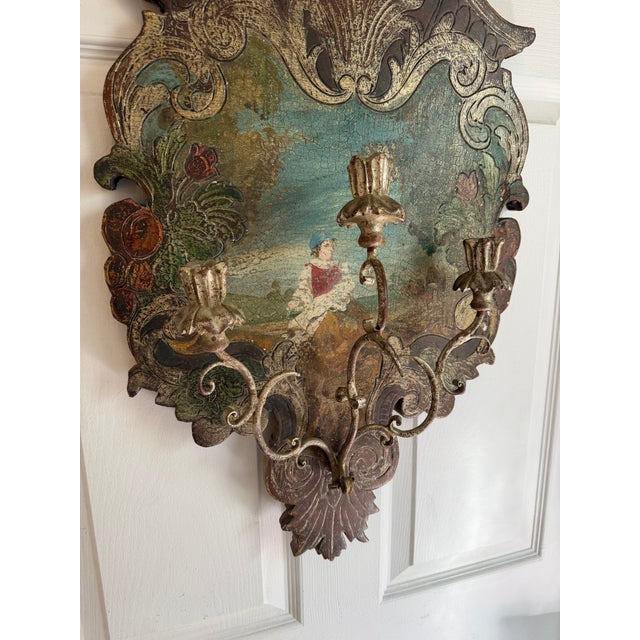 Vintage Rococo Italian Polychrome Wooden Candle Sconce For Sale - Image 12 of 14