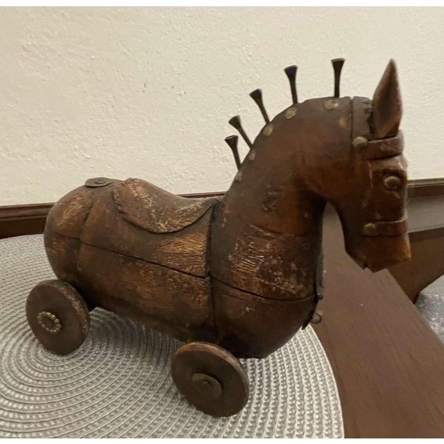 Brown Antique Folk Art Wooden Horse Pull Toy & Storage Box – Iron Nail Mane, Hinged Saddle Lid, Rustic Patina, 19th Century. For Sale - Image 8 of 8